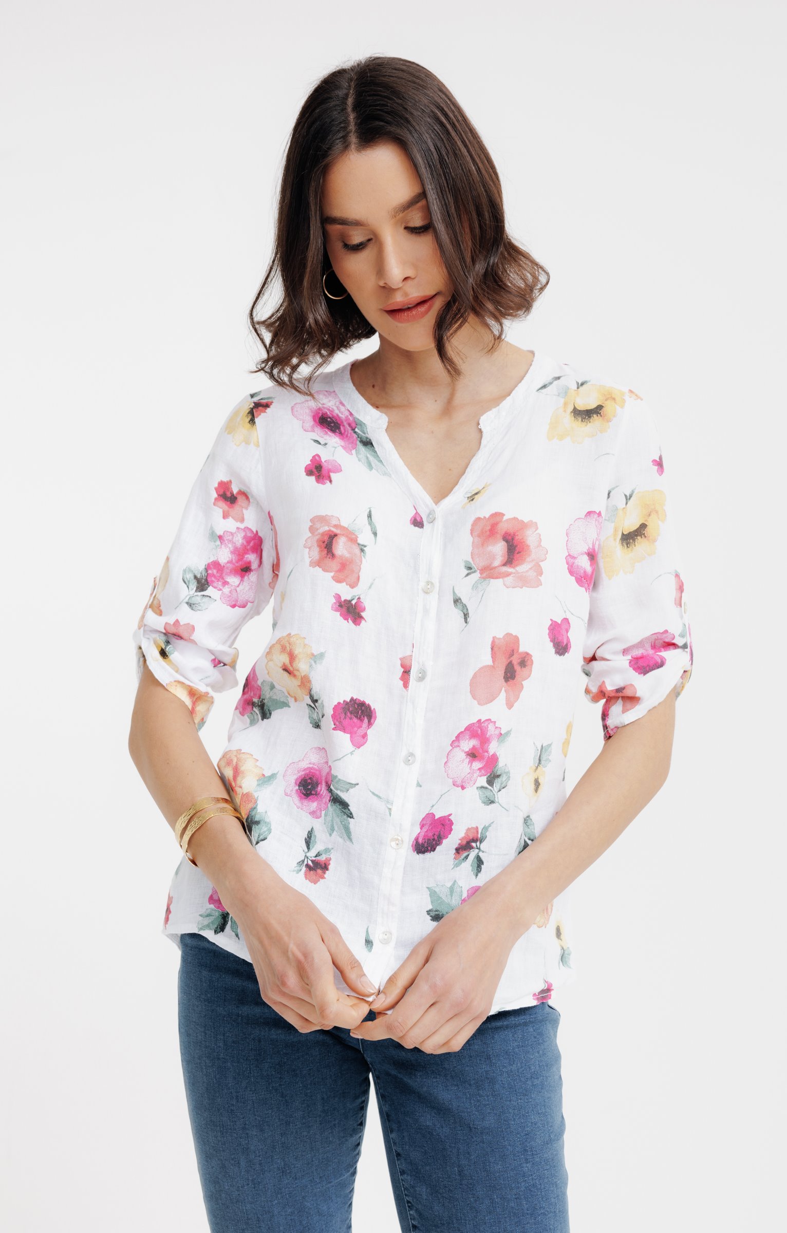 Chemise col mao imprimée en lin  - BLANC