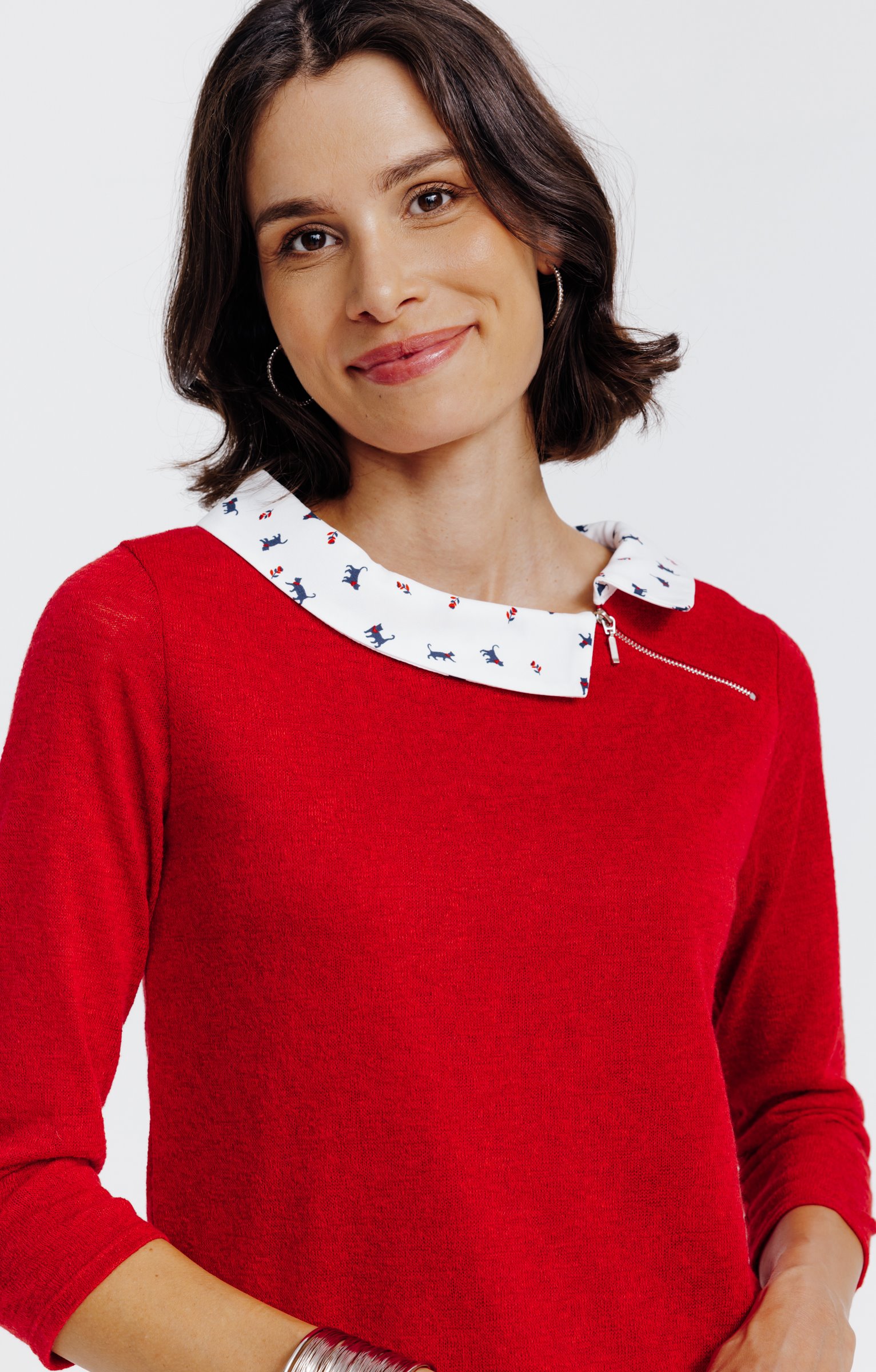 Tee-shirt 2-en-1 col chemise - ROUGE