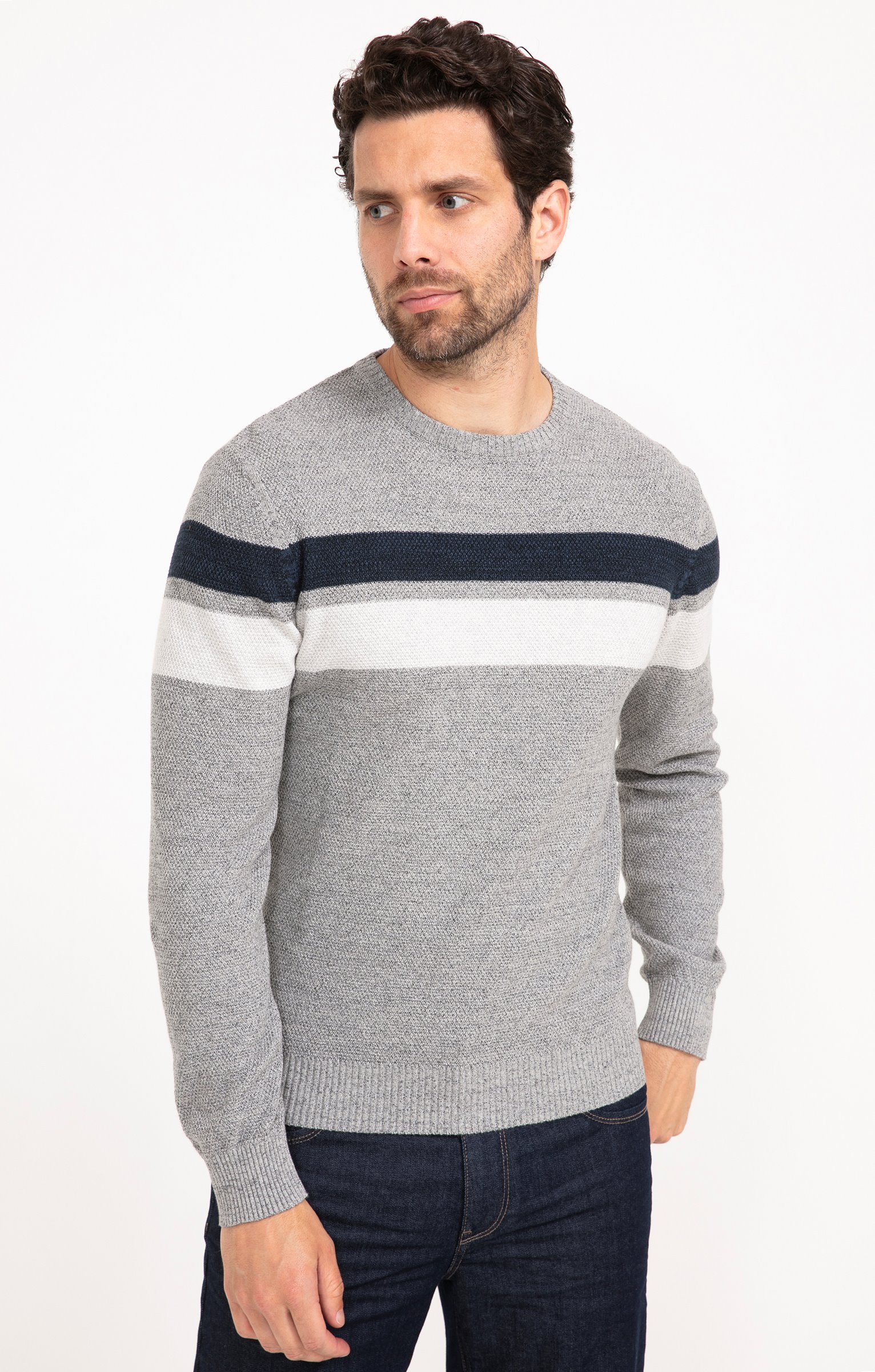 Pull col rond rayé - GRIS CLAIR