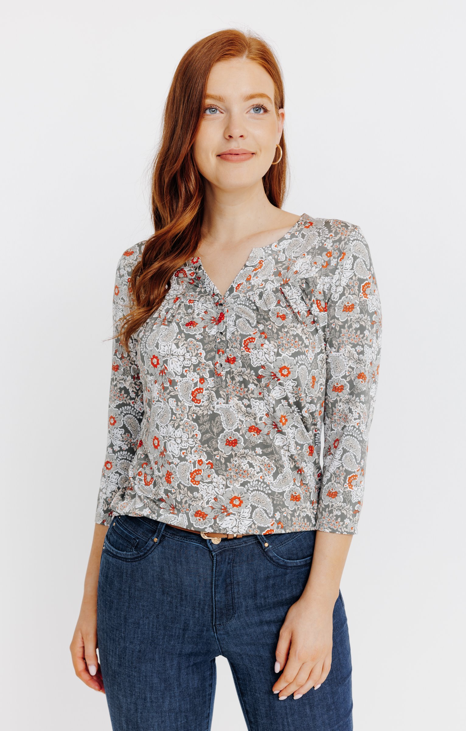 T-SHIRT COL MAO IMPRIME FLEURI  - KAKI CLAIR