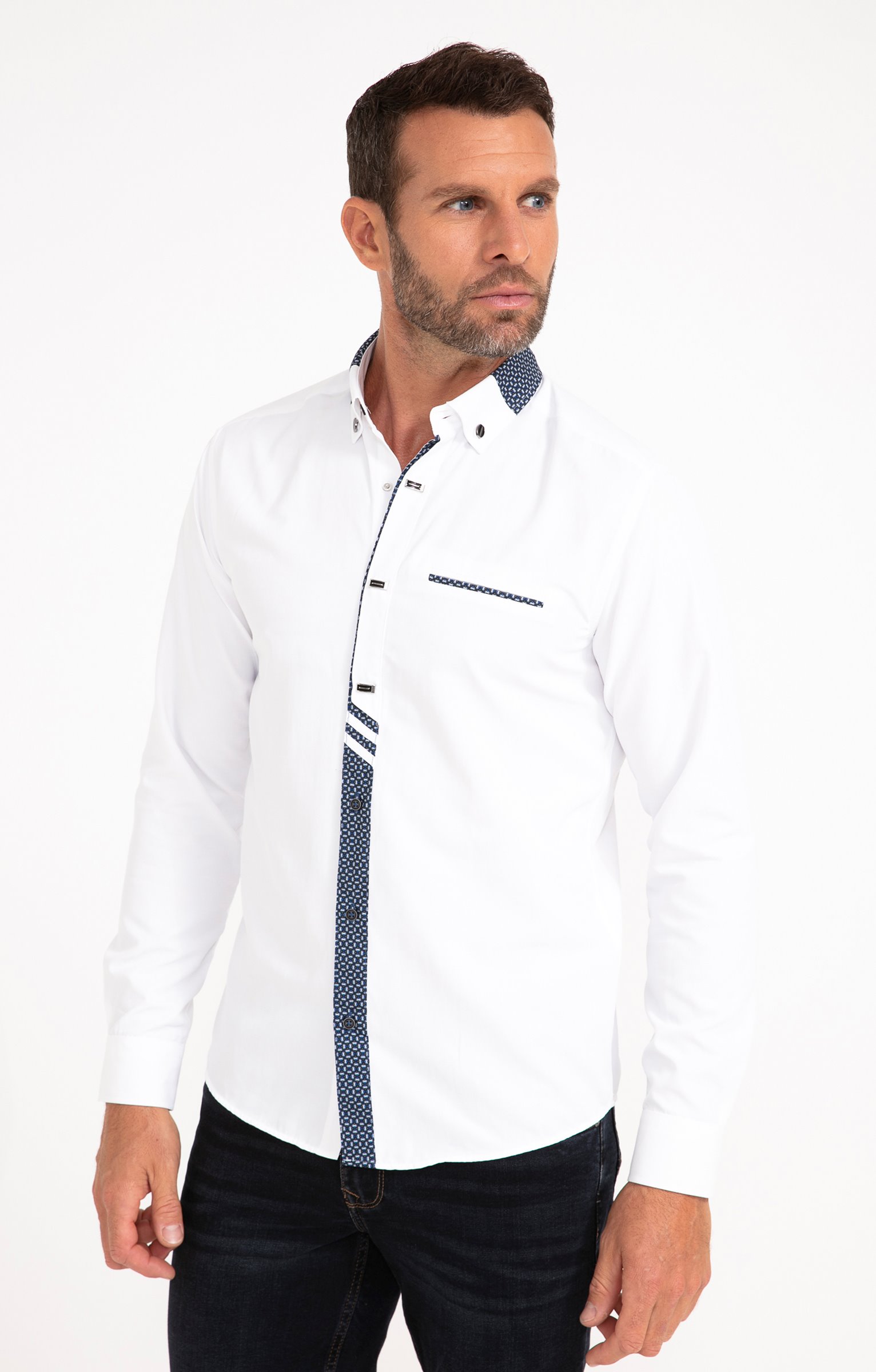 Chemise manches longues détails imprimés - BLANC