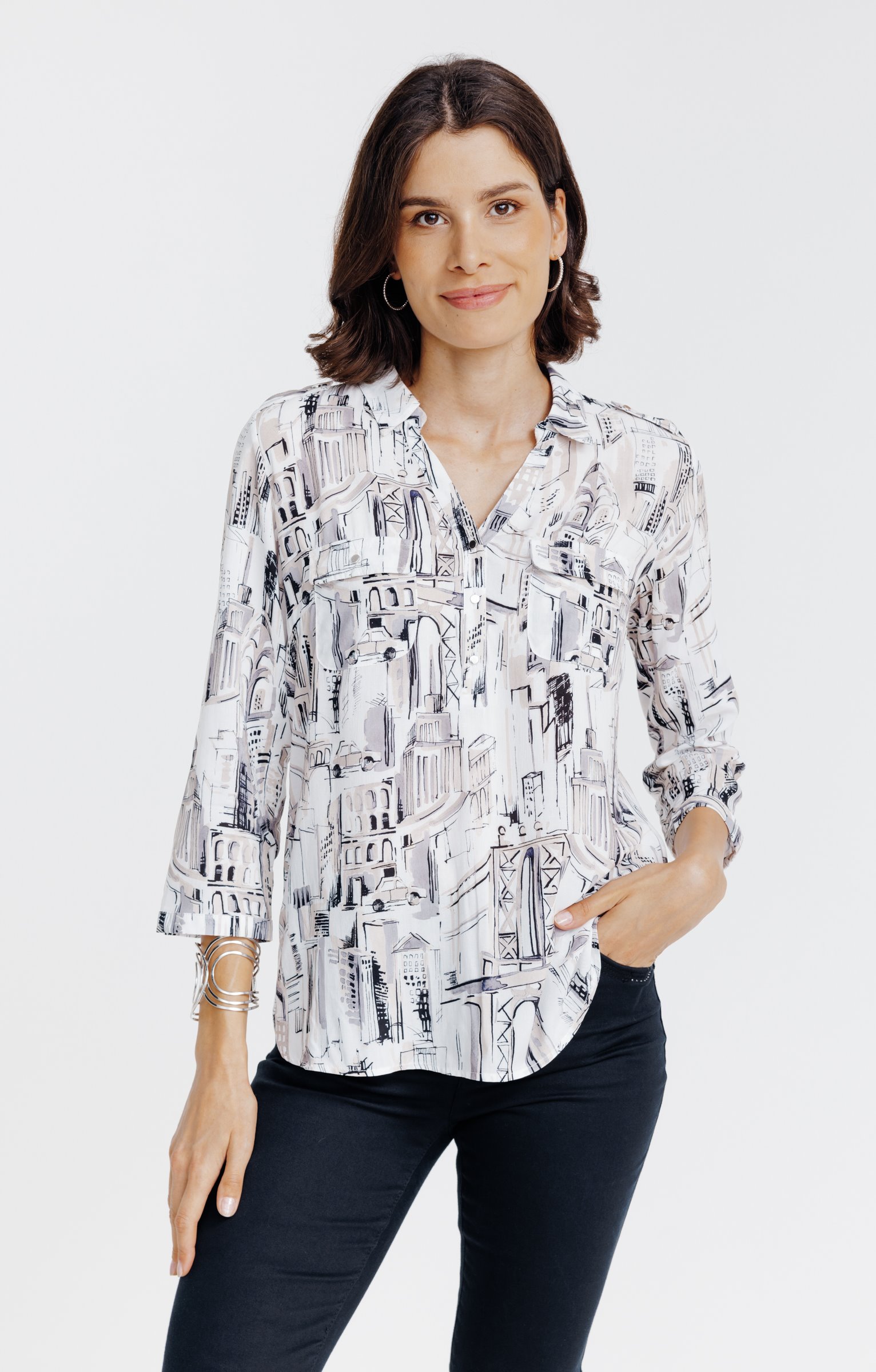 Tunique col chemise  imprimée  graphique - ÉCRU