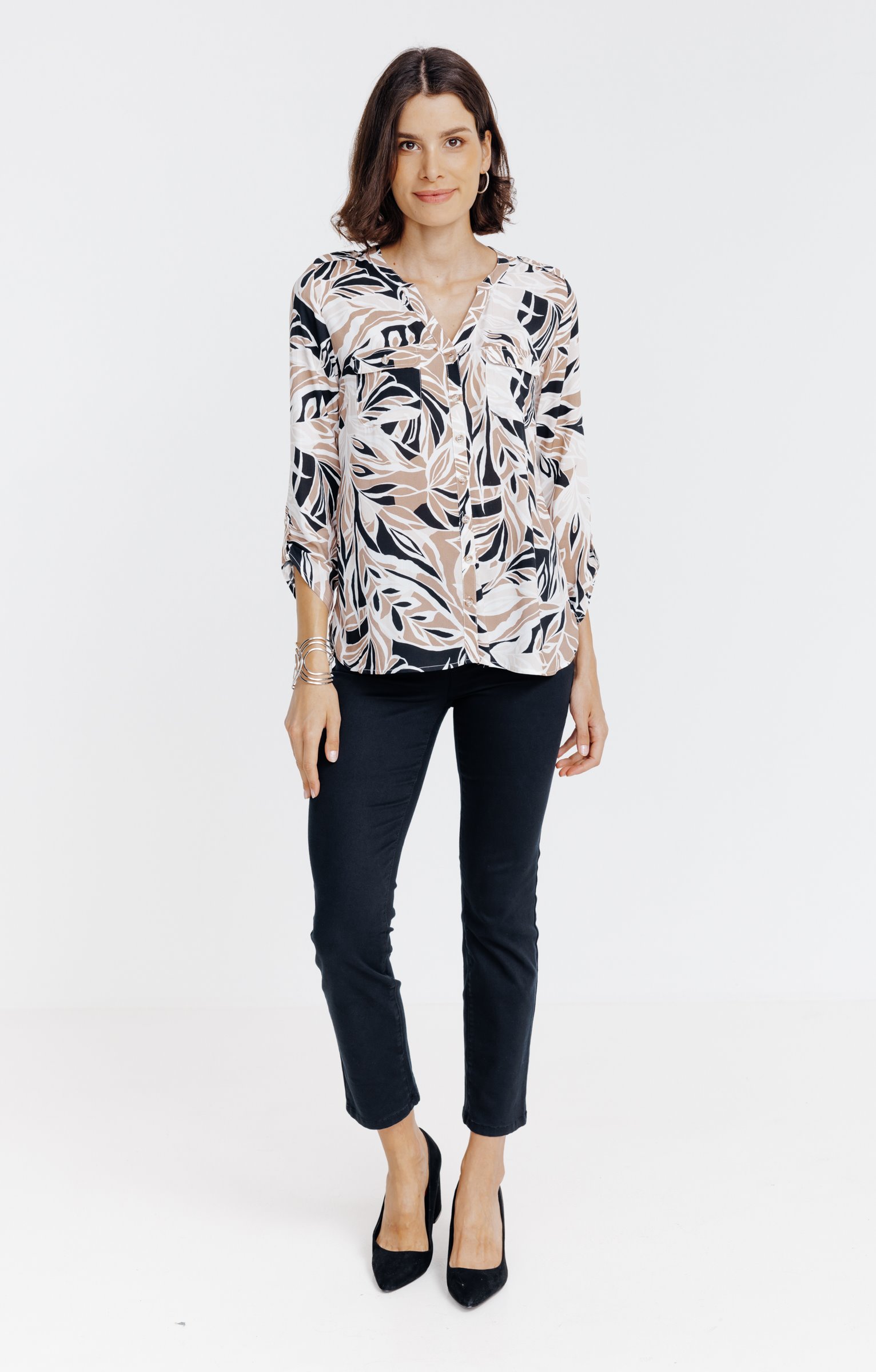 Chemise col mao imprimée feuillage  - GRÈGE