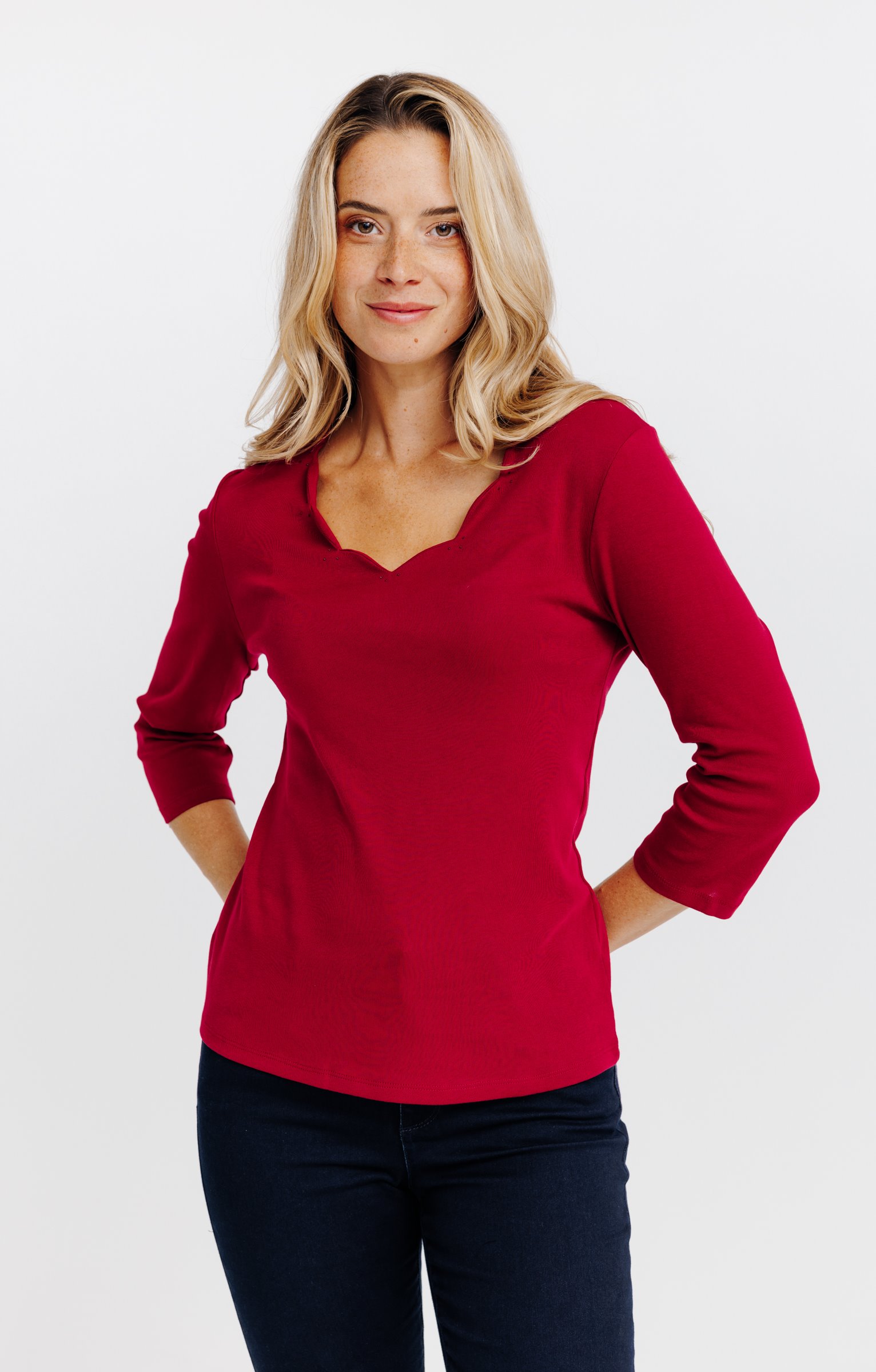 Tee-shirt uni col V festons - BORDEAUX