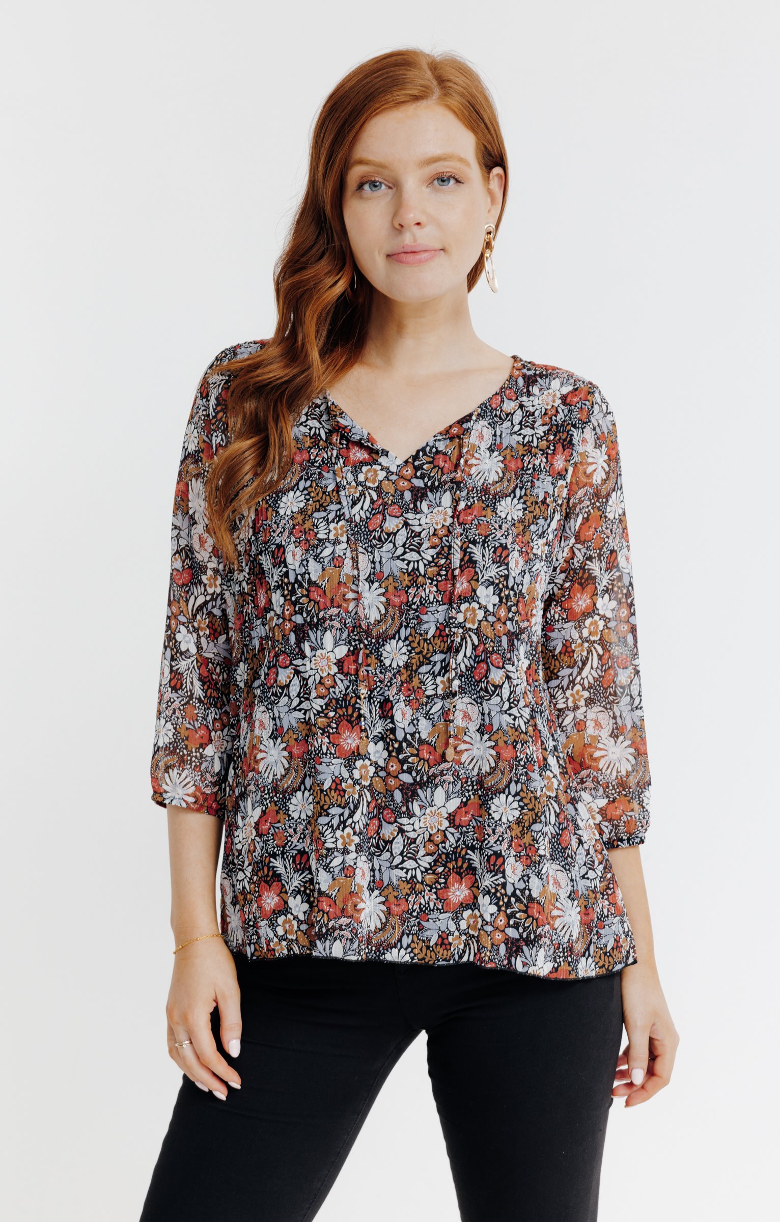 Tunique plissée imprimée fleurie - NOIR