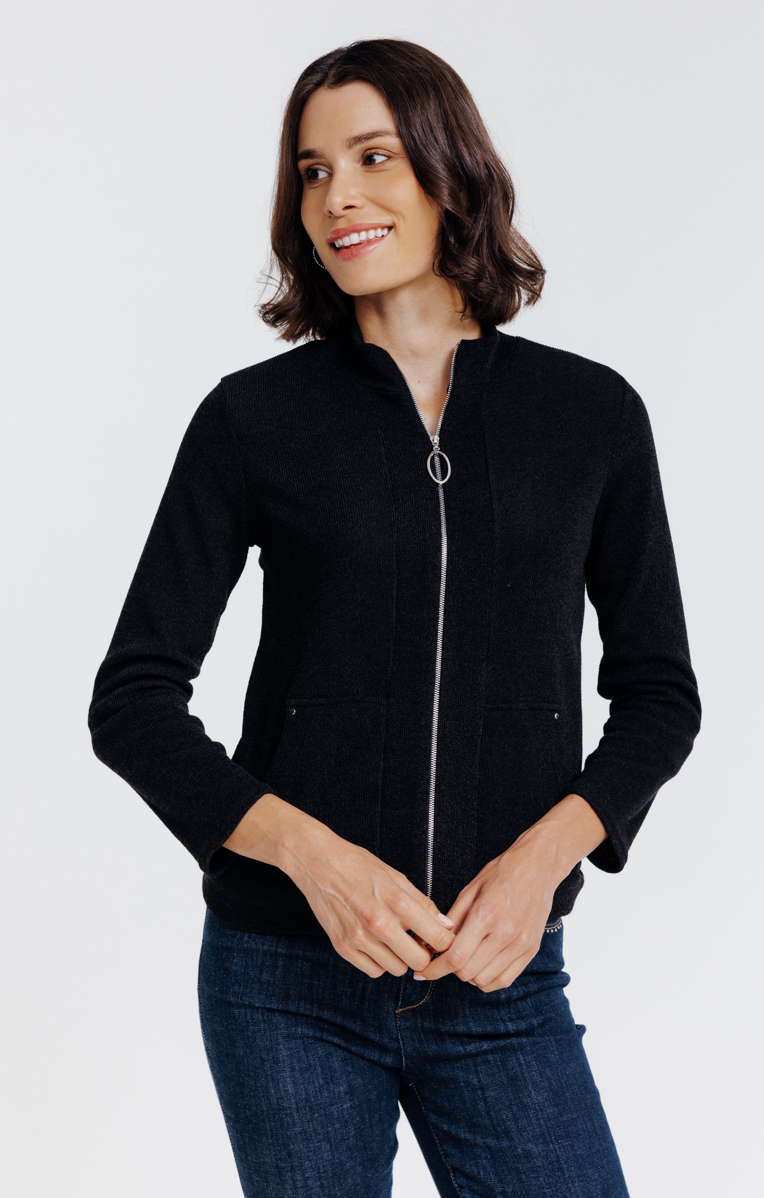 Cardigan zippé poches kangourou - NOIR
