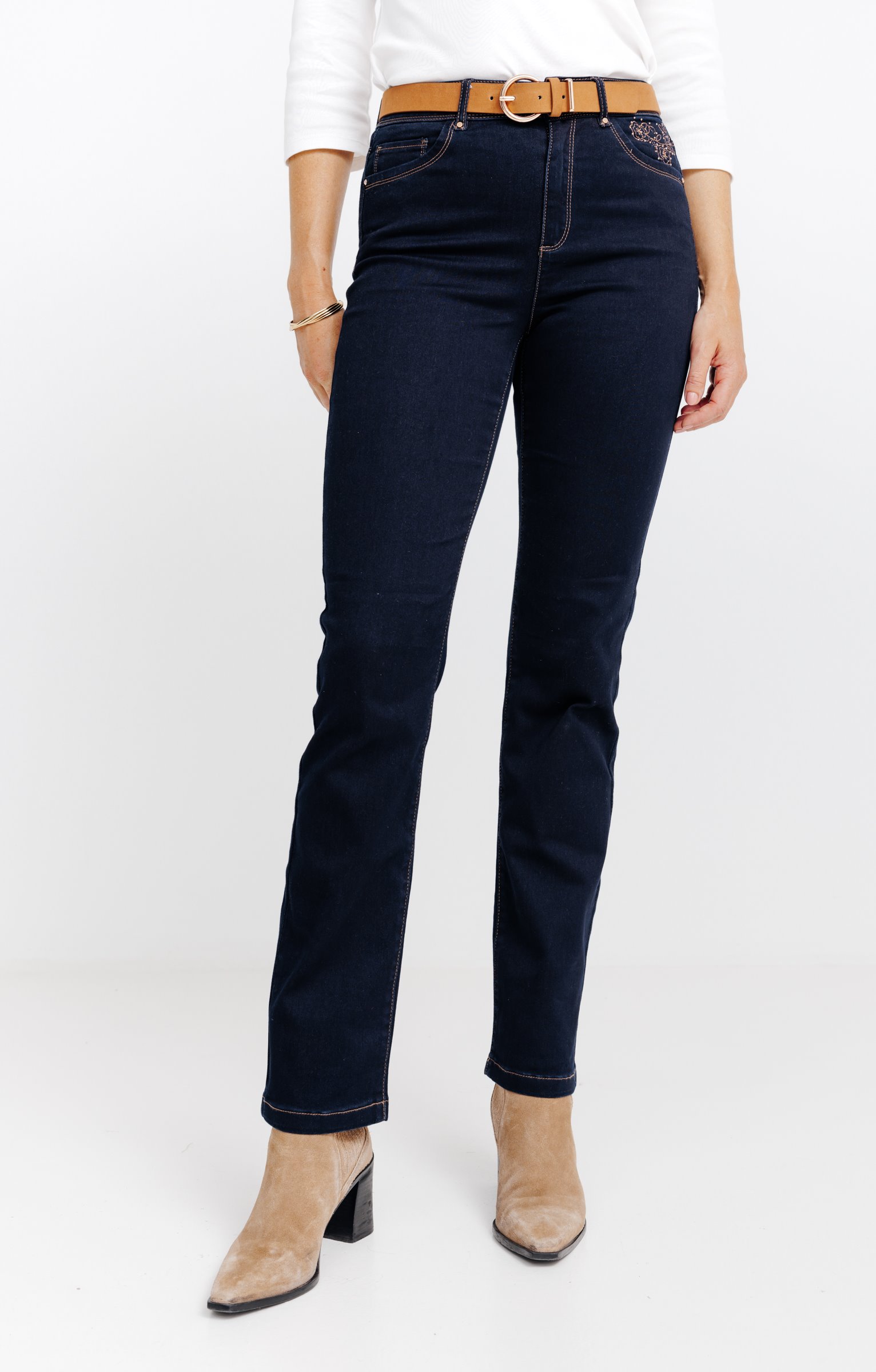 Pantalon satin denim broderie fleur - BLEU