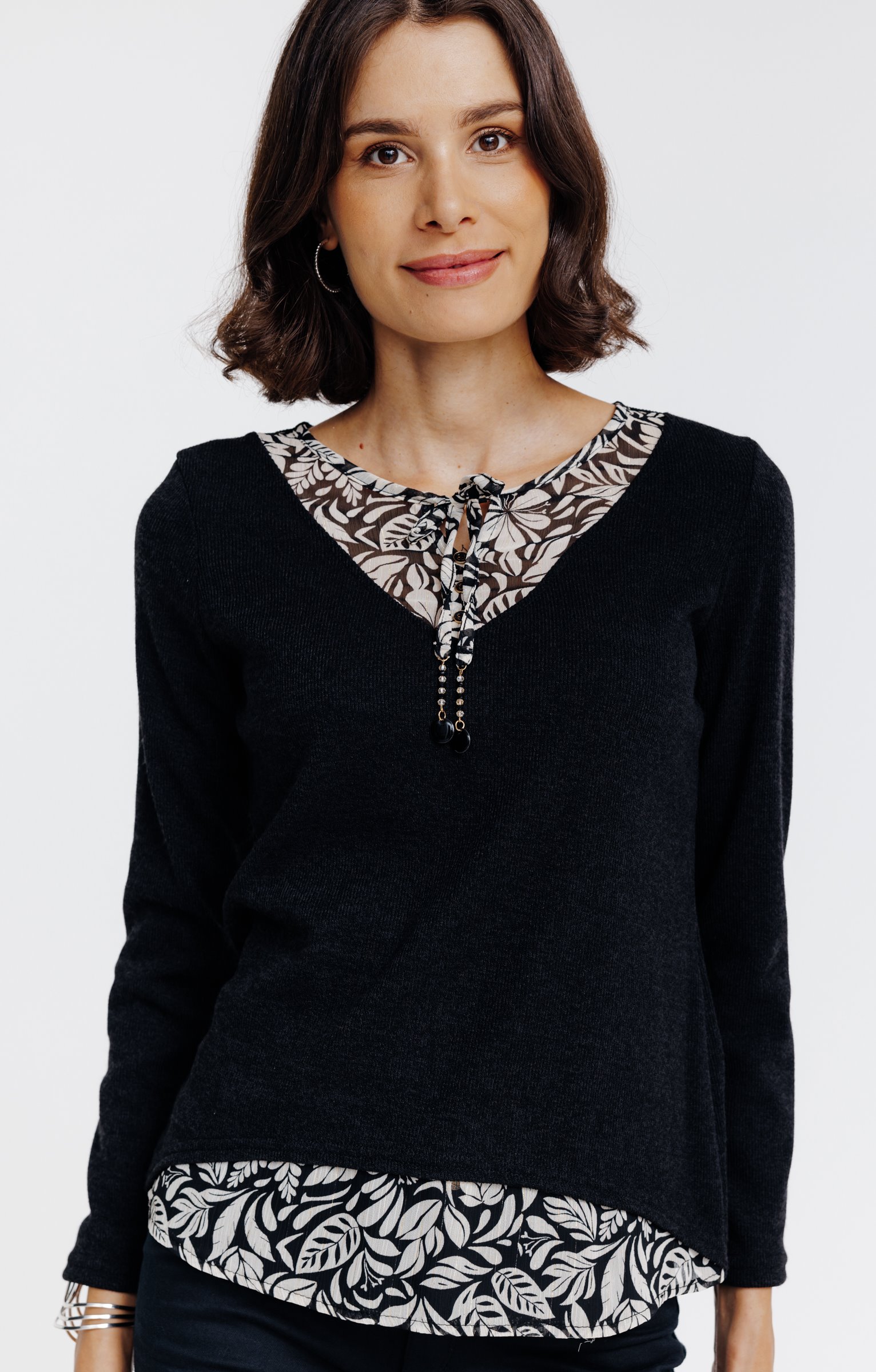 Pull 2-en-1 pampilles et perles - NOIR