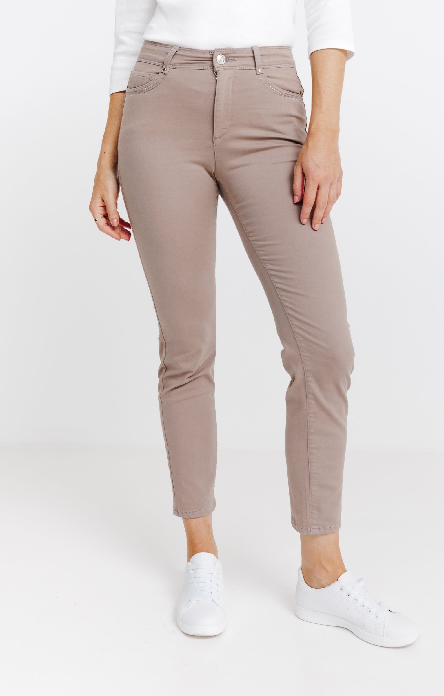 Pantalon 7/8 brodé en coton viscose - TAUPE