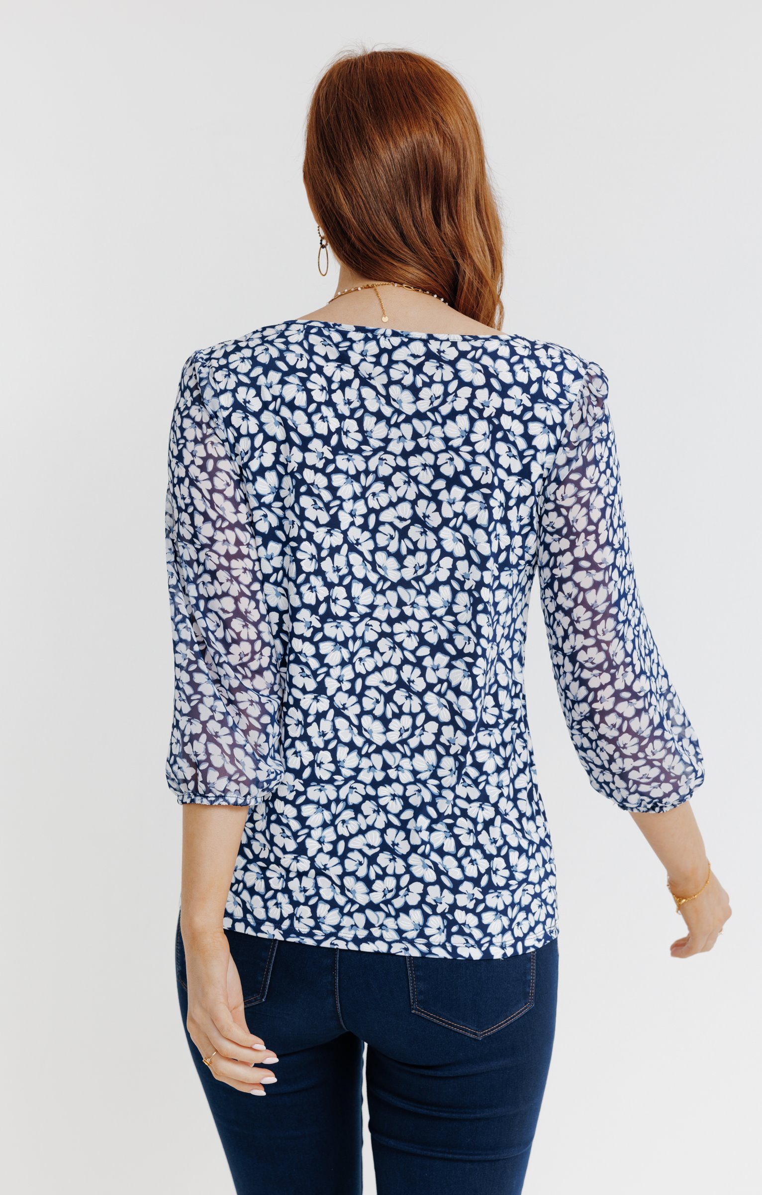 Tee-shirt mix matière imprimé fleurs - BLEU