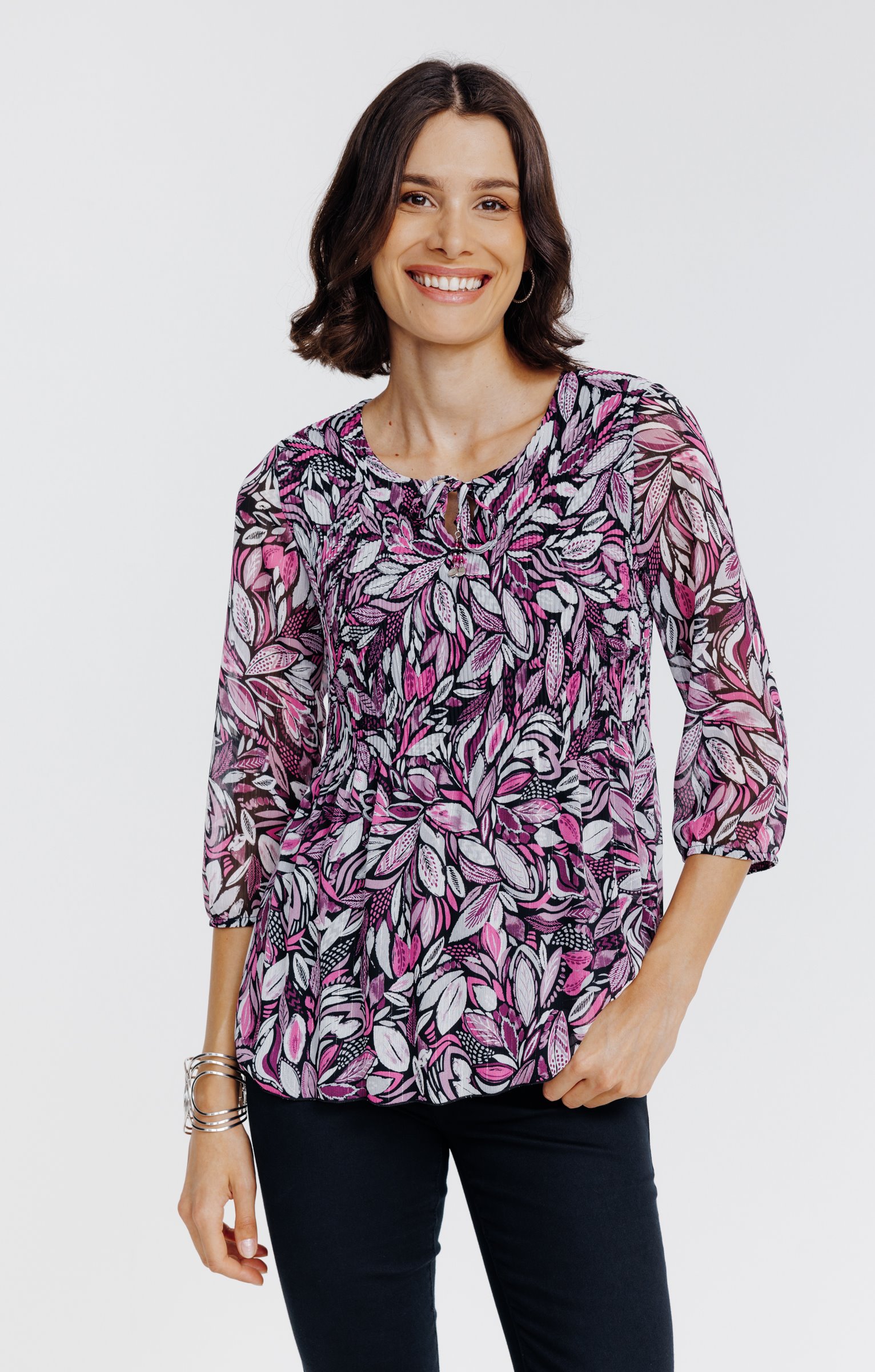 Tunique plissée imprimée feuillage  - NOIR