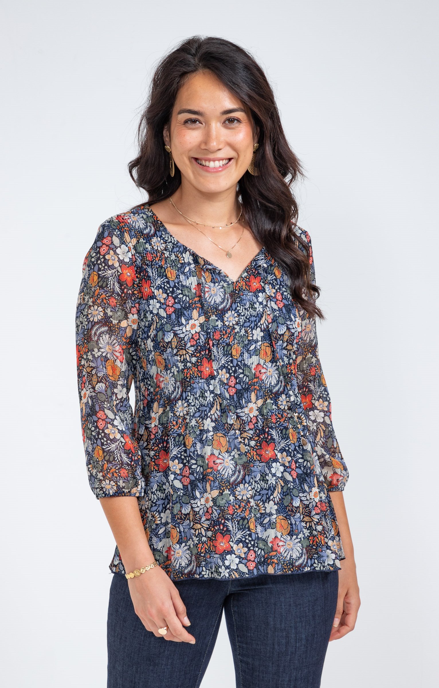 Tunique plissée fleurie  - BLEU