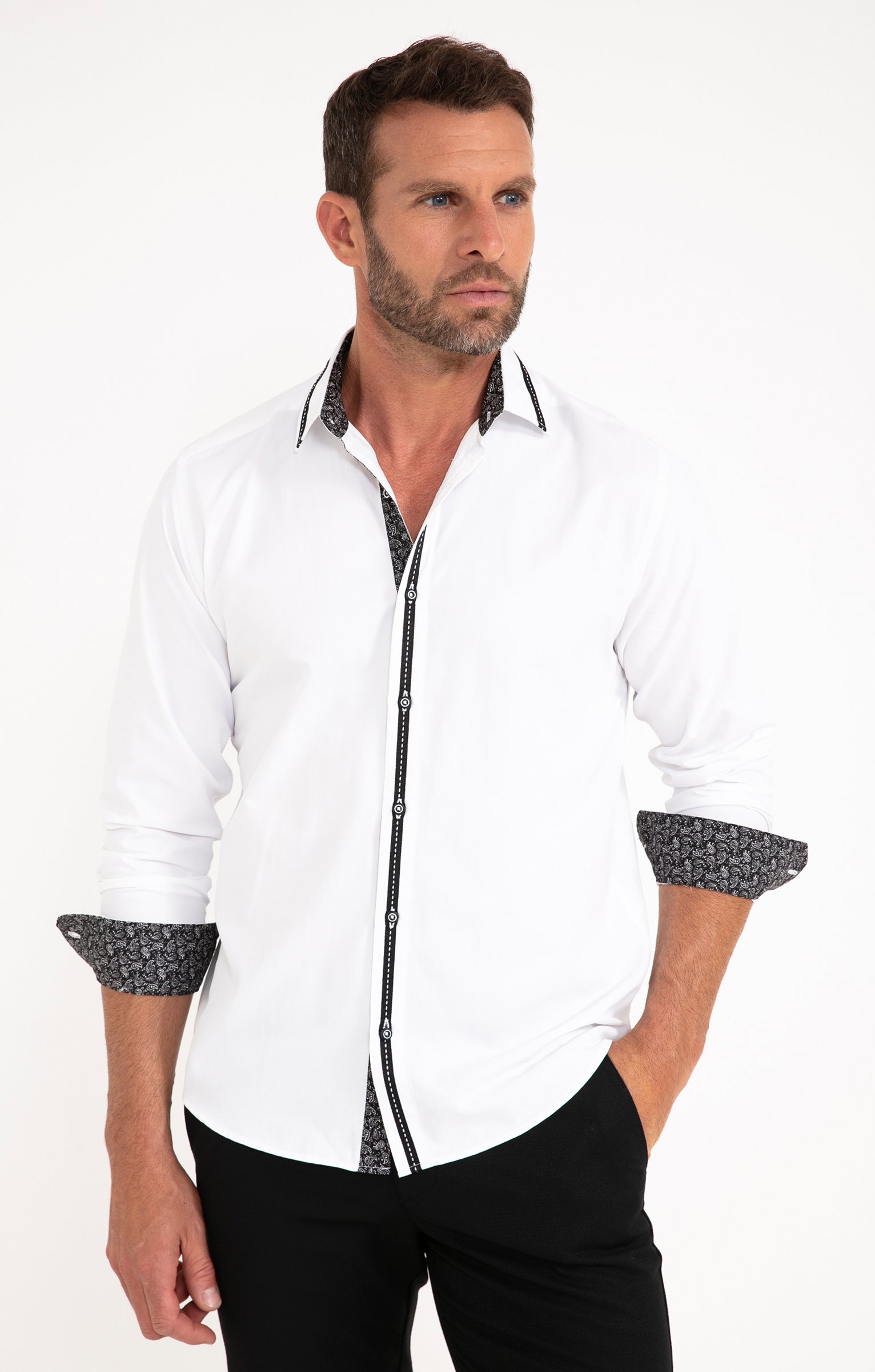 Chemise en satin uni manches longues - BLANC