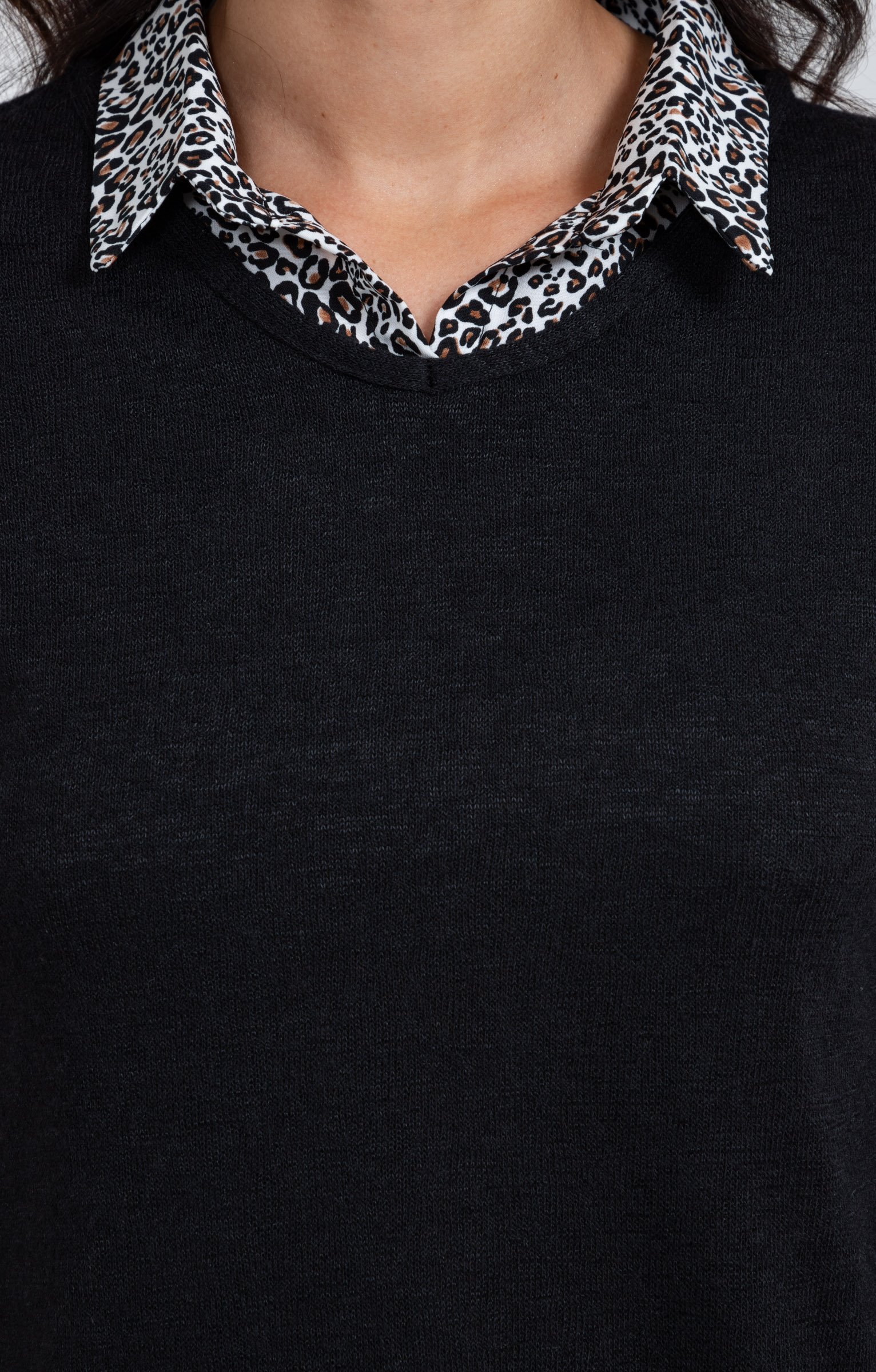 Tee-shirt 2-en-1 col chemise - NOIR