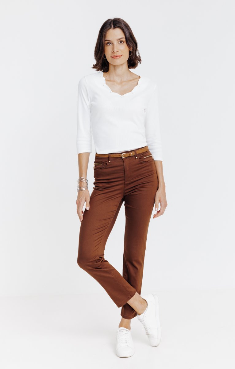 Pantalon 7/8 avec ceinture similicuir - MARRON