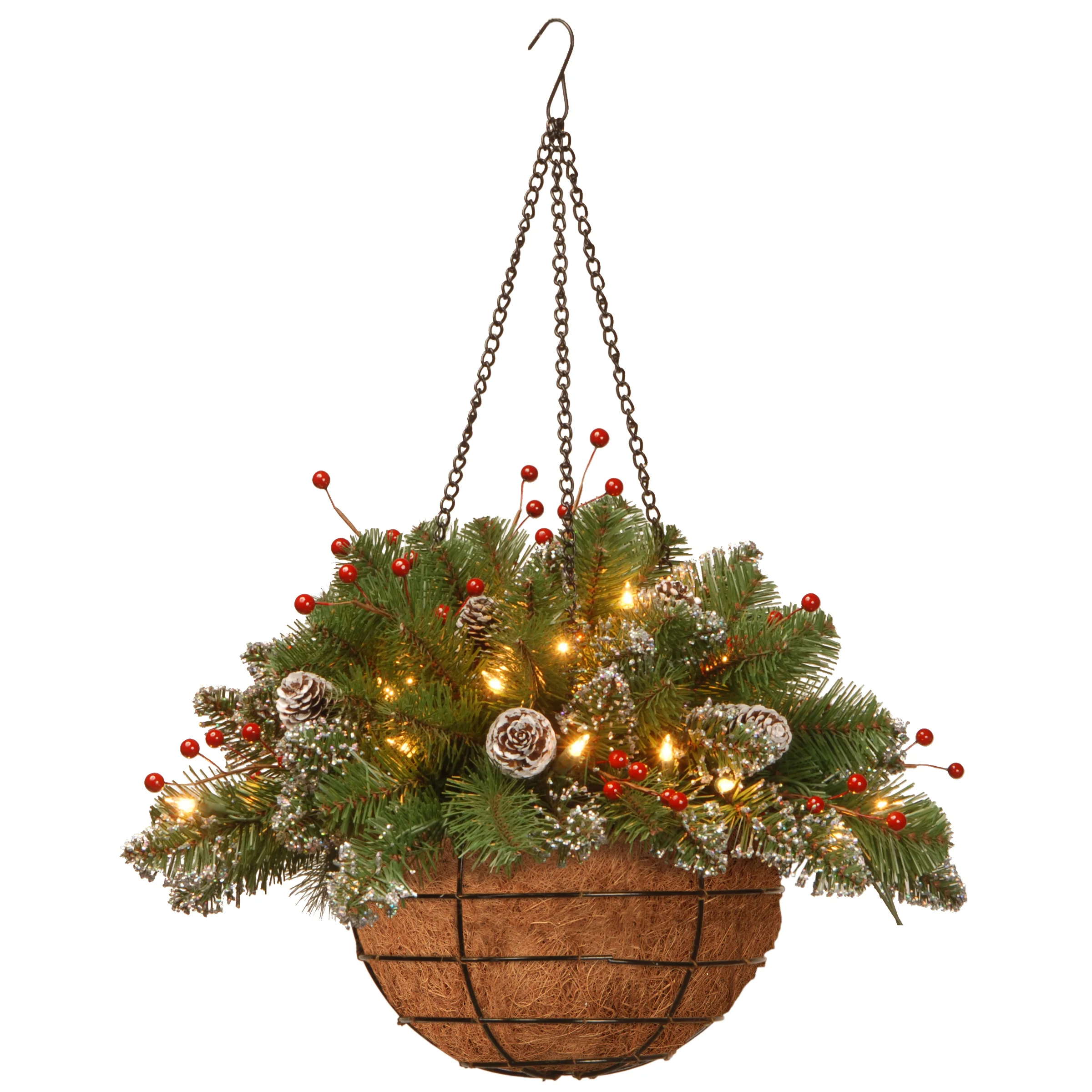 20 in. PreLit Glittery Mountain Spruce Hanging Basket with LED Lights