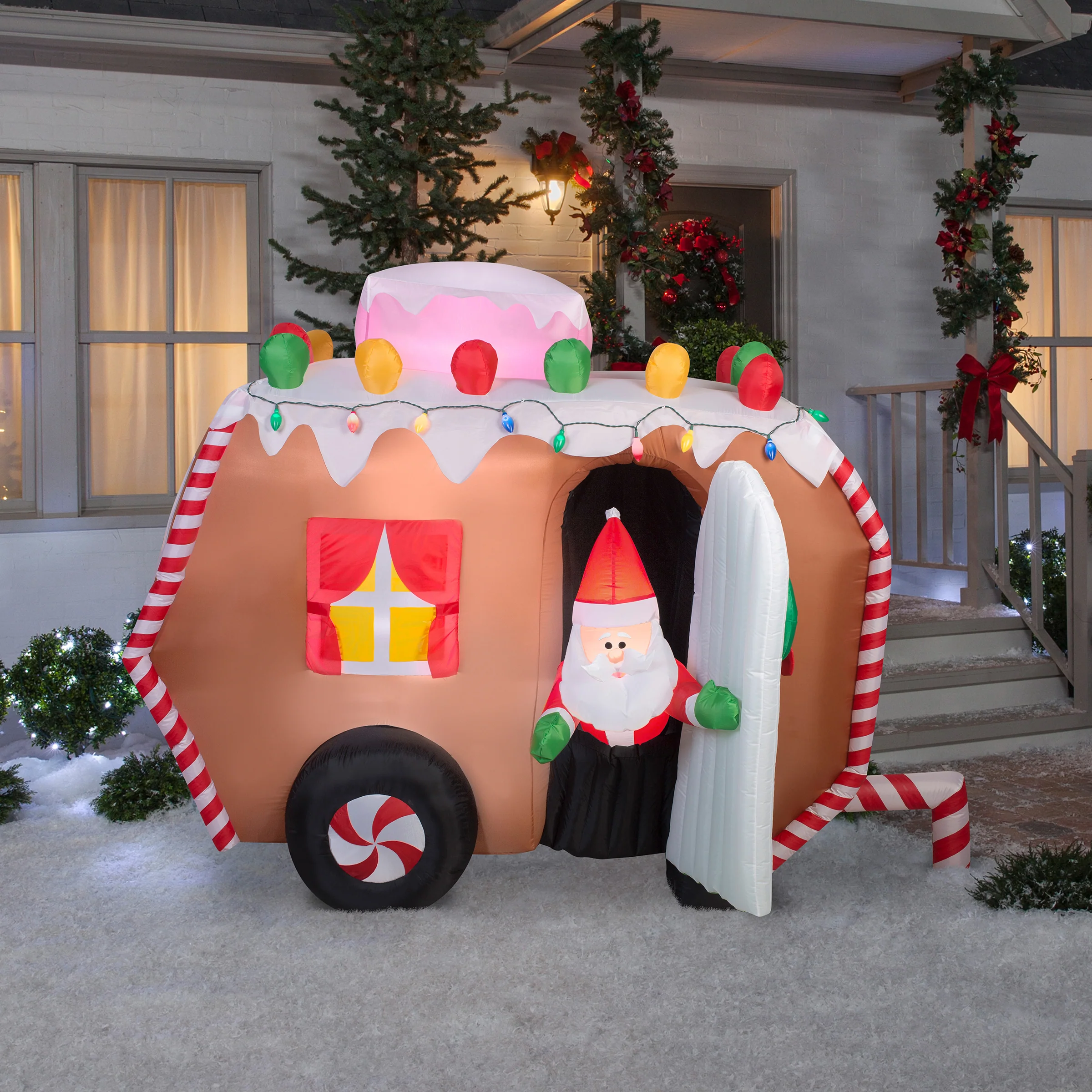 Inflatable Gingerbread Trailer with Santa, LED Lights, Plug In