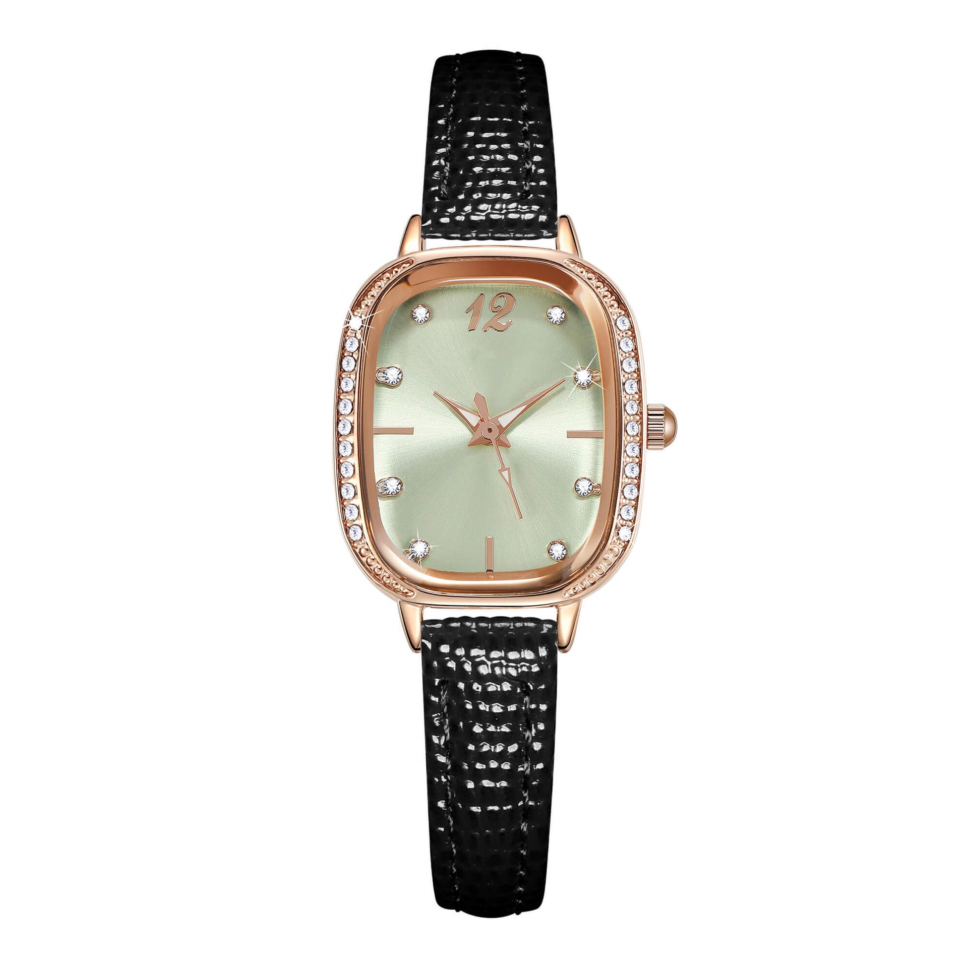 Diamond-encrusted oval compact, fashionable and high-end leather strap quartz watch