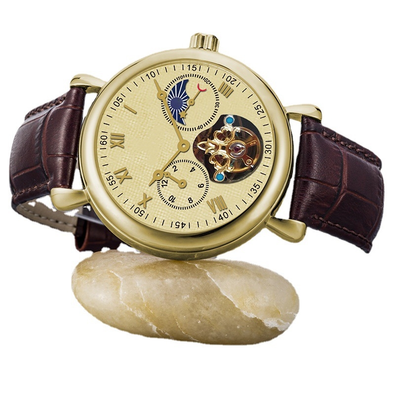 Men's Watch Crown Automatic Multi-Function Skeleton Mechanical Watch Star Dial Casual Waterproof Calendar Watch