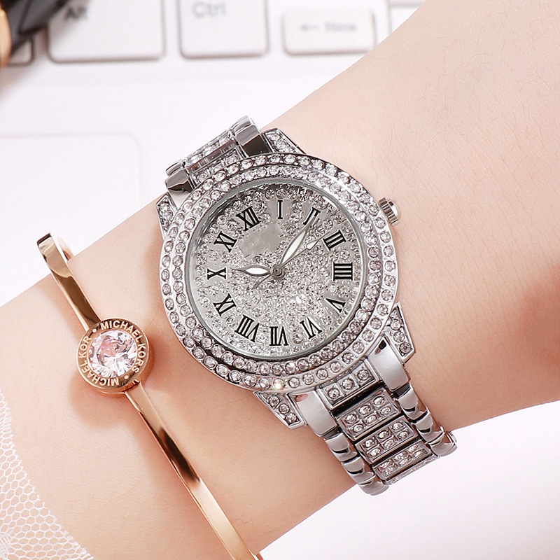 Light luxury diamond-encrusted steel band watch, high-end quartz alloy baby's breath ladies watch