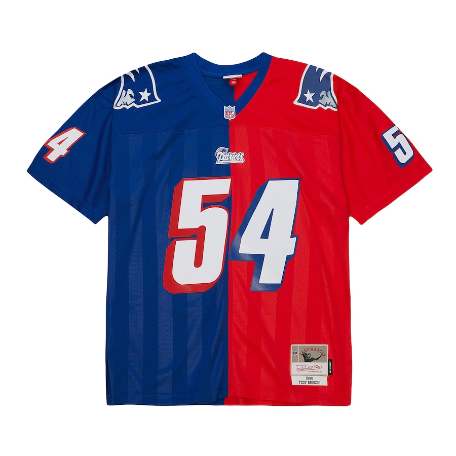 Men’s New England Patriots Tedy Bruschi Mitchell & Ness Royal/Red 1996 Split Legacy Replica Jersey