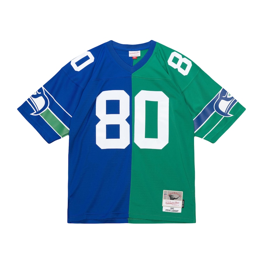 Men's Seattle Seahawks Steve Largent Mitchell & Ness Royal/Green 1985 Split Legacy Replica Jersey