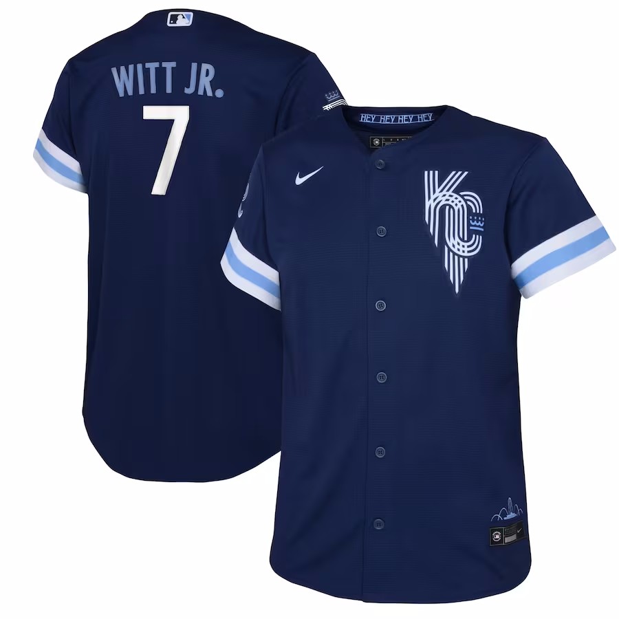 Youth Kansas City Royals Bobby Witt Jr. Navy 2022 City Connect Replica Player Jersey