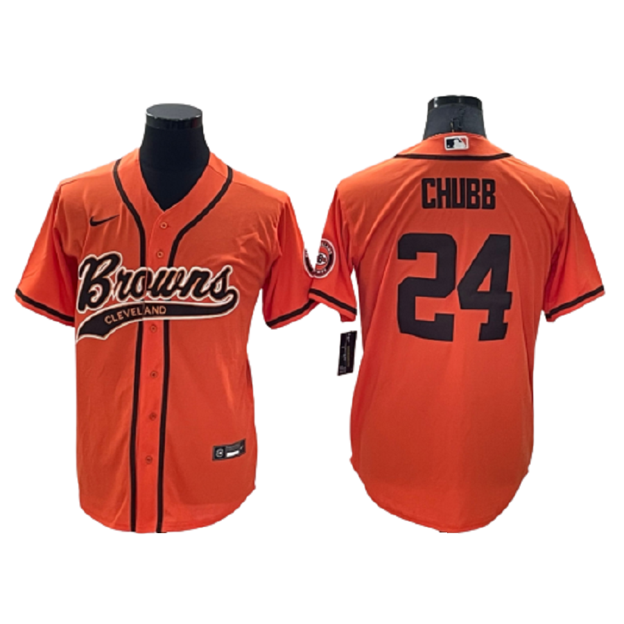 Men's Cleveland Browns 24 Nick Chubb Orange Cool Base Stitched Baseball Jersey