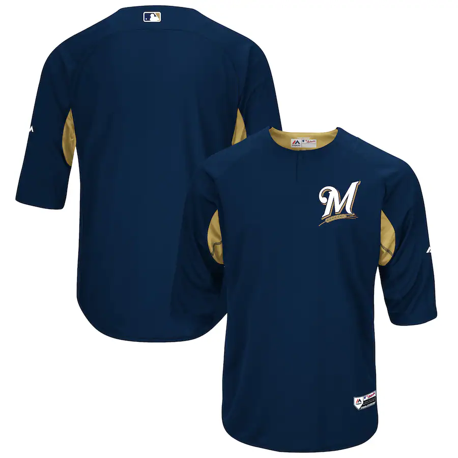 Men's Milwaukee Brewers Navy/Gold Authentic Collection On-Field 3/4-Sleeve Batting Practice Jersey