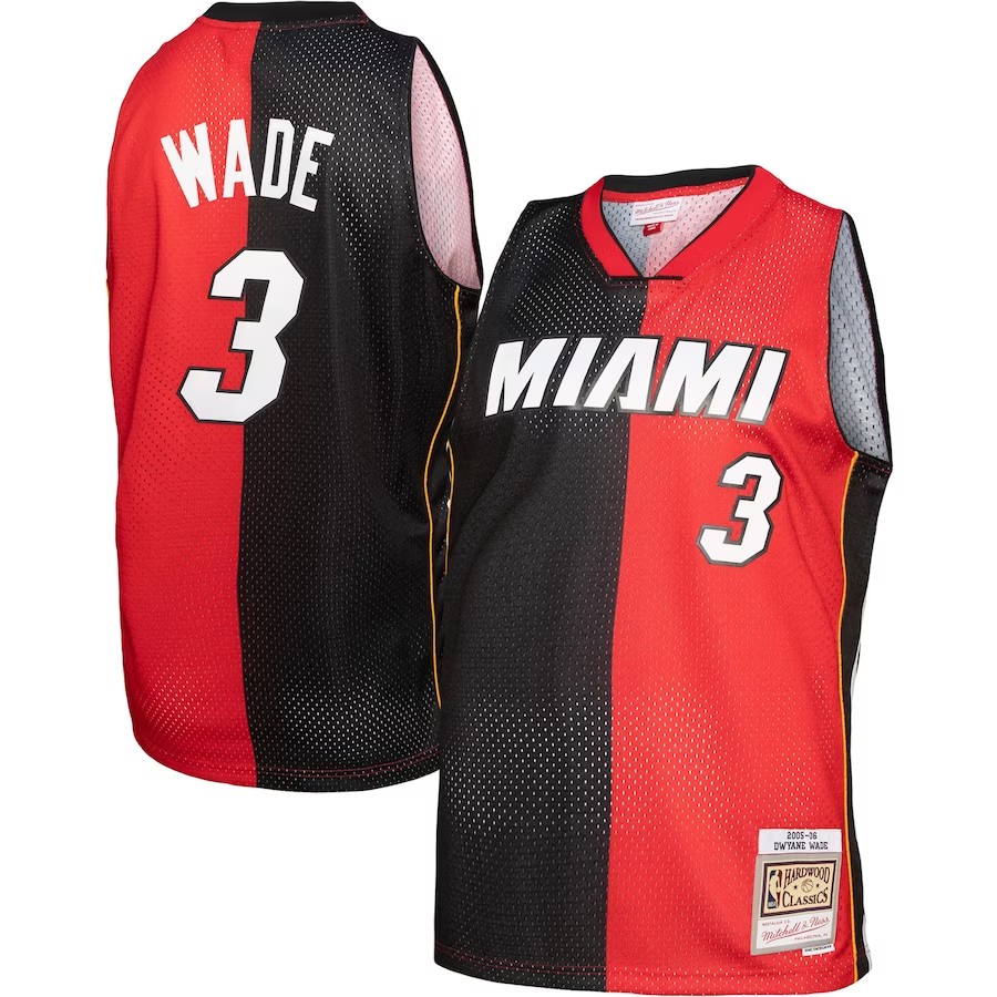 Men's Miami Heat Dwyane Wade Mitchell & Ness BlackRed Hardwood Classics 2005-06 Split Swingman Jersey