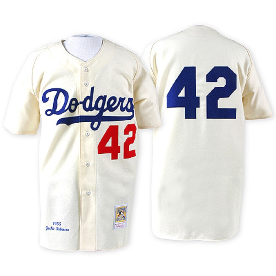 Men's 1955 Los Angeles Dodgers Jackie Robinson Cream Throwback Baseball Jersey