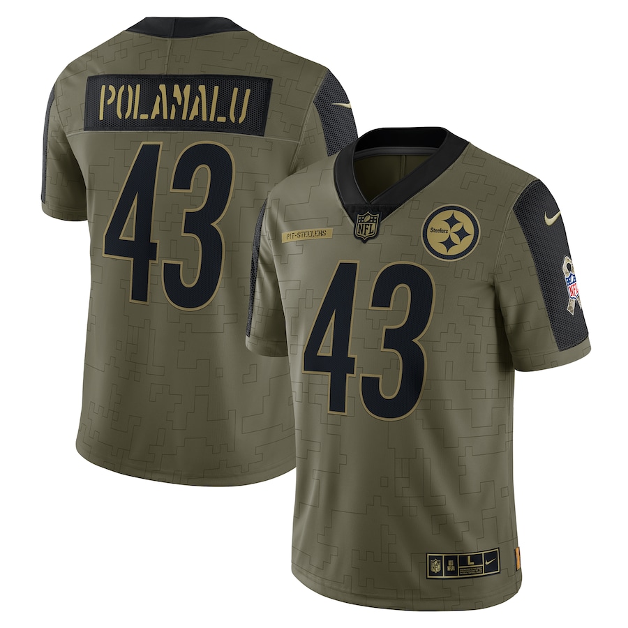 Men’s Pittsburgh Steelers Troy Polamalu Nike Olive 2021 Salute To Service Retired Player Limited Jersey