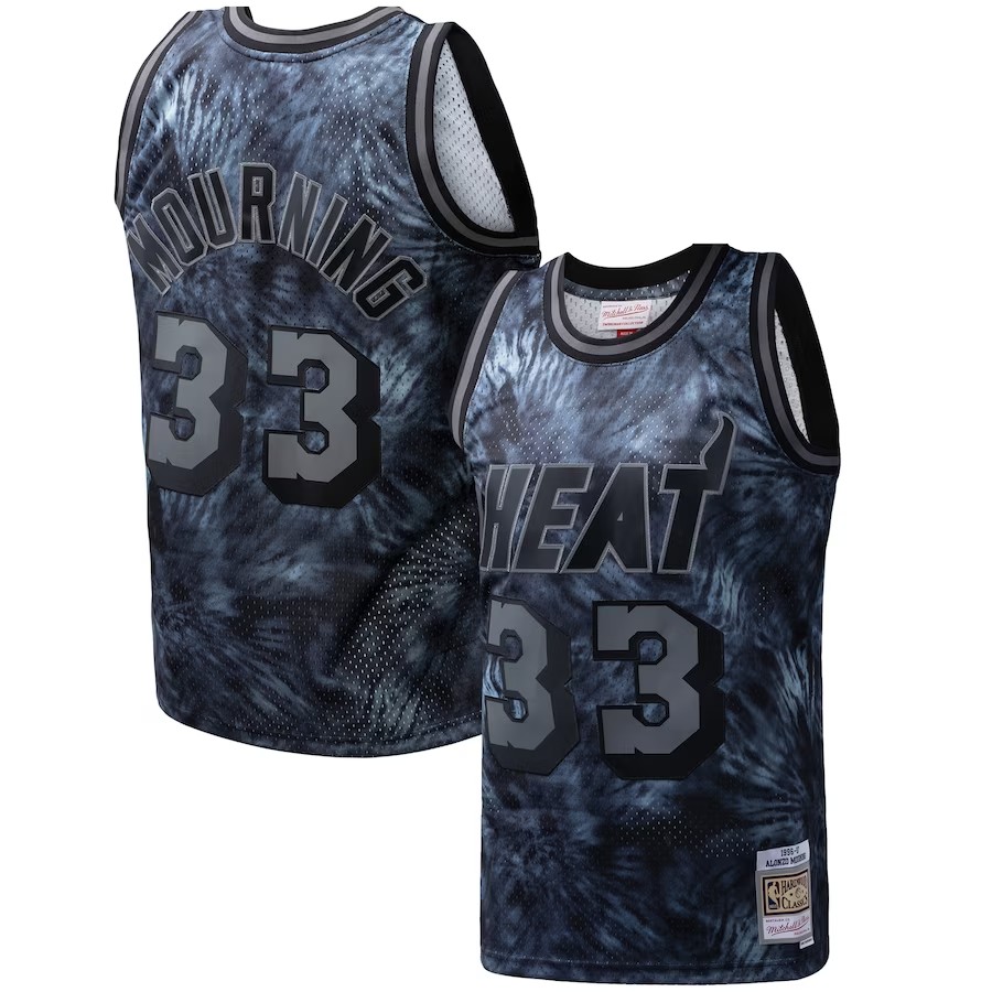 Men's Miami Heat Alonzo Mourning Mitchell & Ness Black Hardwood Classics 199697 Tie-Dye Swingman Jersey