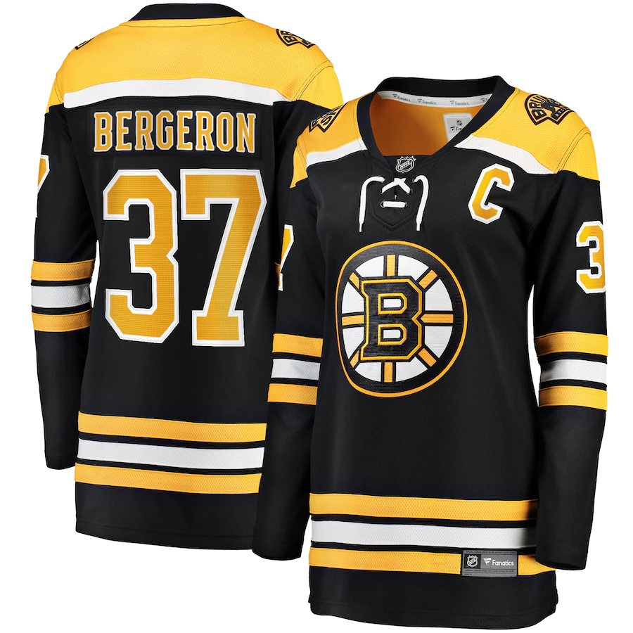 Women's Boston Bruins 37 Patrice Bergeron Fanatics Branded Black Home Captain Premier Breakaway Player Jersey
