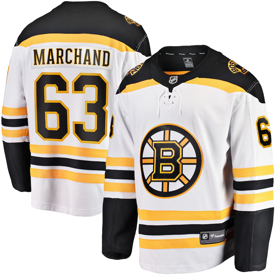 Men's Boston Bruins 63 Brad Marchand Fanatics Branded White Away Premier Breakaway Player Jersey