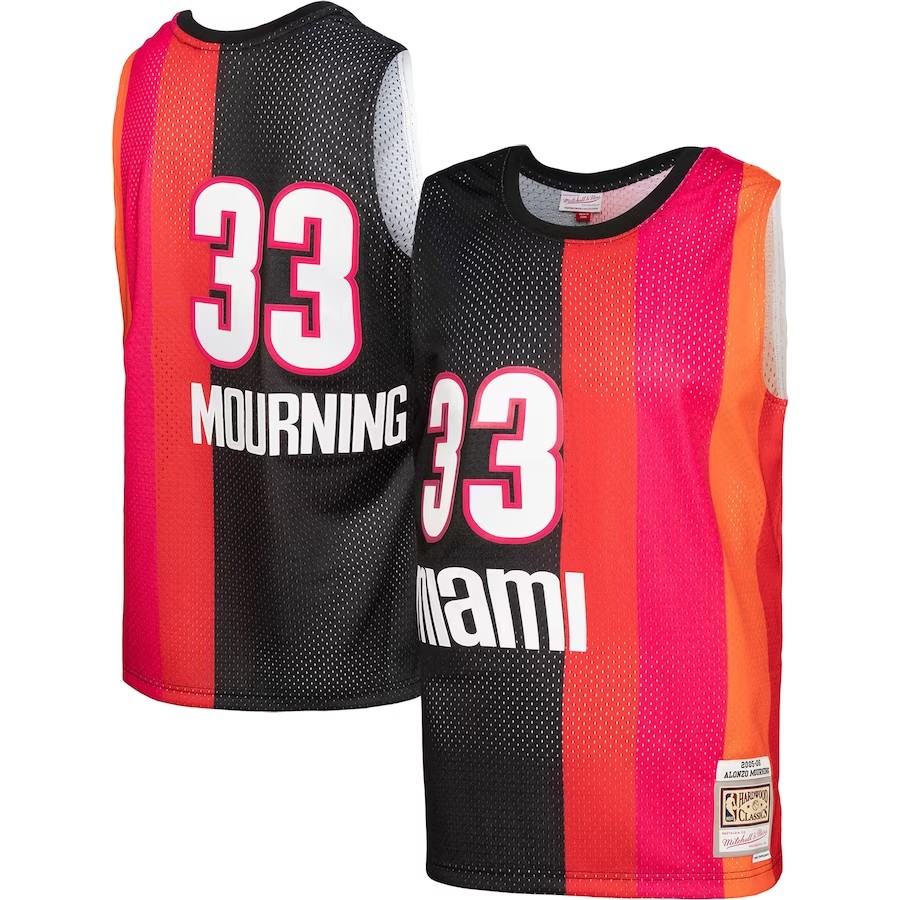 Men's Miami Heat Alonzo Mourning Mitchell & Ness BlackRed Hardwood Classics 2005-06 Split Swingman Jersey
