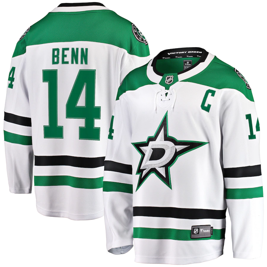Men's Dallas Stars 14 Jamie Benn Fanatics Branded White Away Premier Breakaway Player Jersey