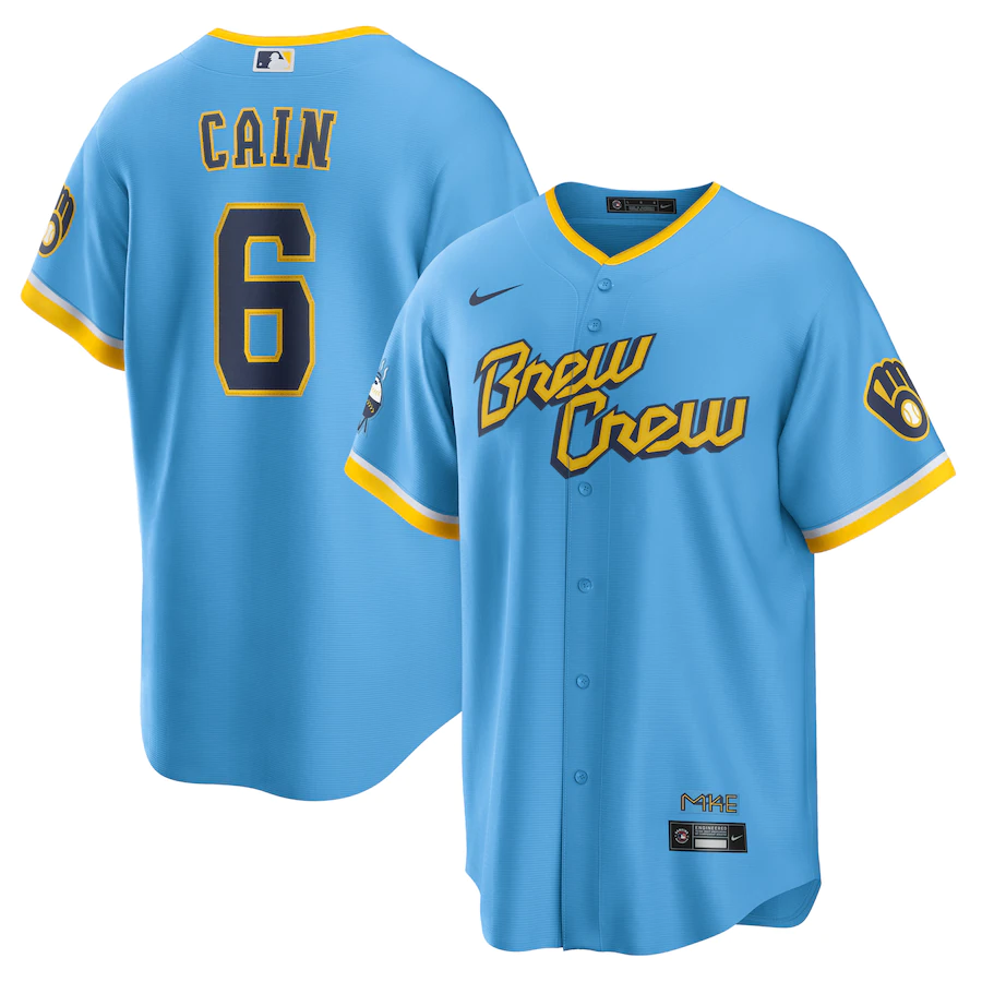 Men's Milwaukee Brewers Lorenzo Cain Powder Blue 2022 City Connect Replica Player Jersey