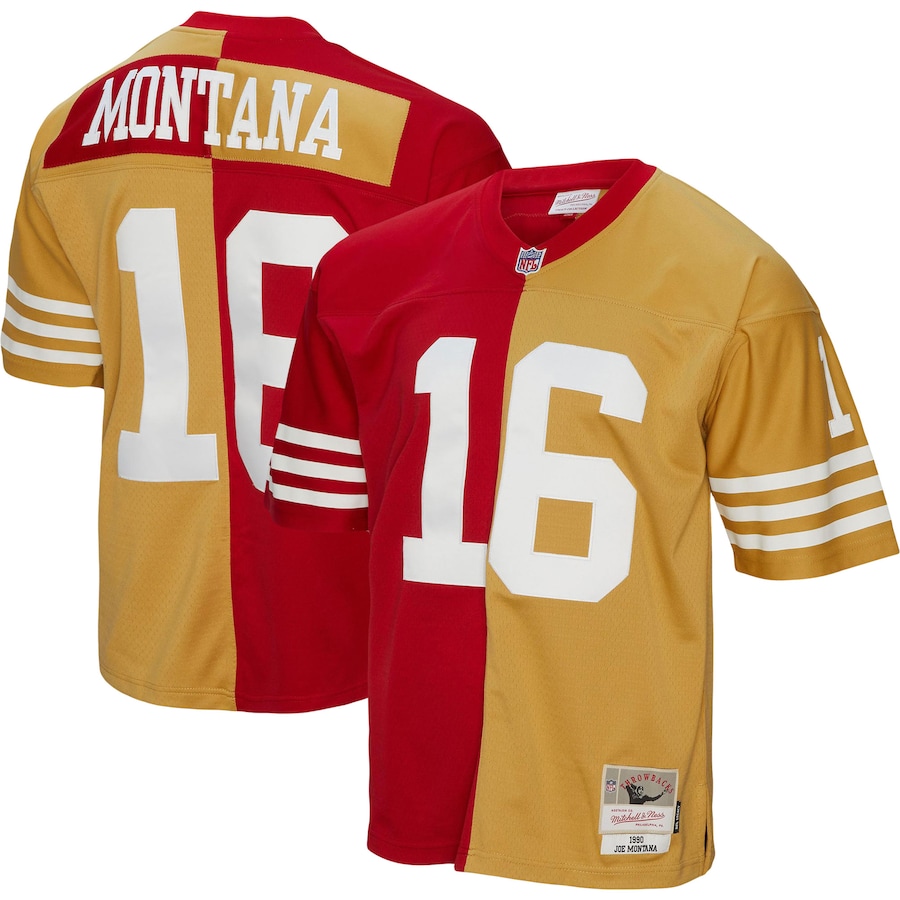 Men’s San Francisco 49ers Joe Montana Mitchell & Ness Scarlet/Gold 1990 Split Legacy Replica Jersey