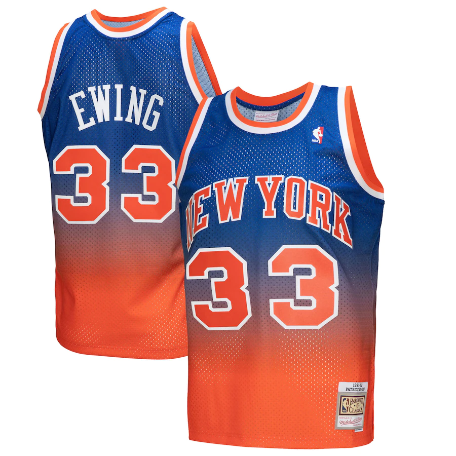 Men's New York Knicks Patrick Ewing Orange/Royal 1991/92 Hardwood Classics Fadeaway Swingman Player Jersey