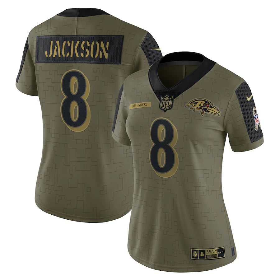 Women's Baltimore Ravens Lamar Jackson Olive Salute To Service Limited Player Jersey