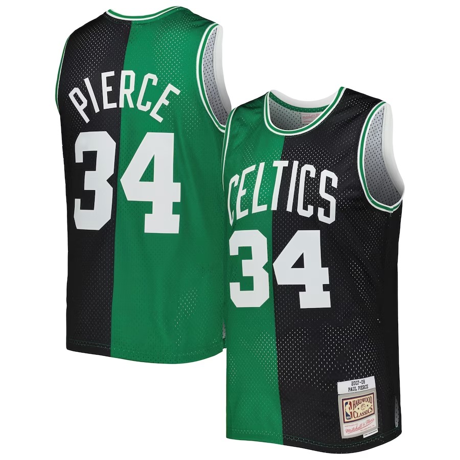 Men's Boston Celtics Paul Pierce Mitchell & Ness BlackKelly Green Hardwood Classics 2007-08 Split Swingman Jersey