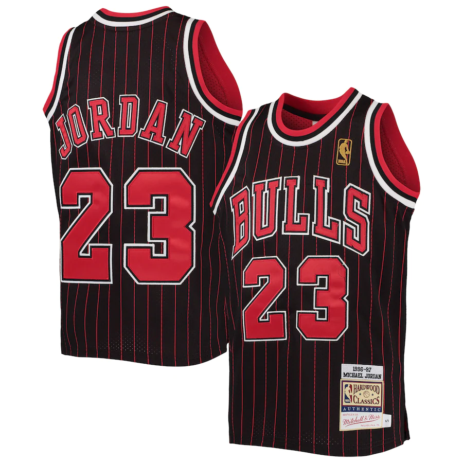 Youth Chicago Bulls Michael Jordan Mitchell & Ness Black Pinstripe 1996-97 Hardwood Classics Authentic Jersey