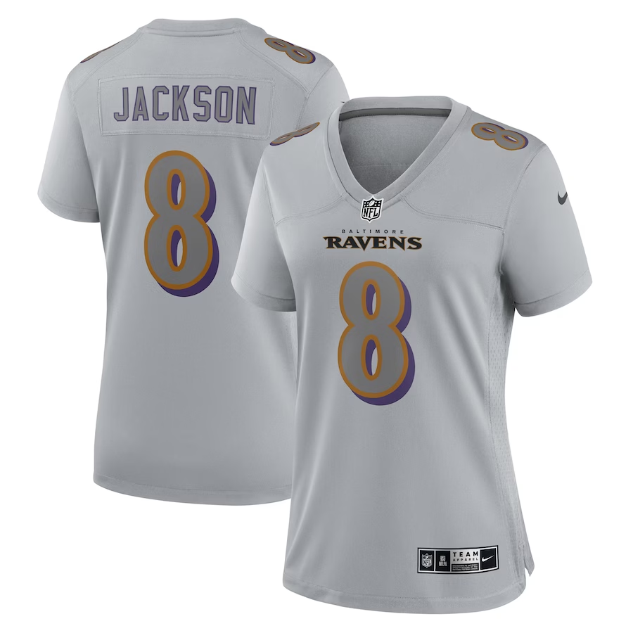 Women's Baltimore Ravens Lamar Jackson Gray Atmosphere Fashion Game Jersey