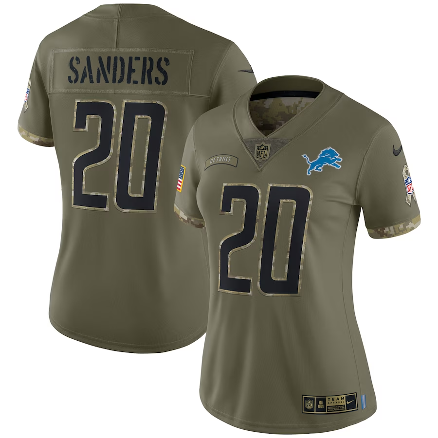 Women's Detroit Lions Barry Sanders Olive 2022 Salute To Service Retired Player Limited Jersey