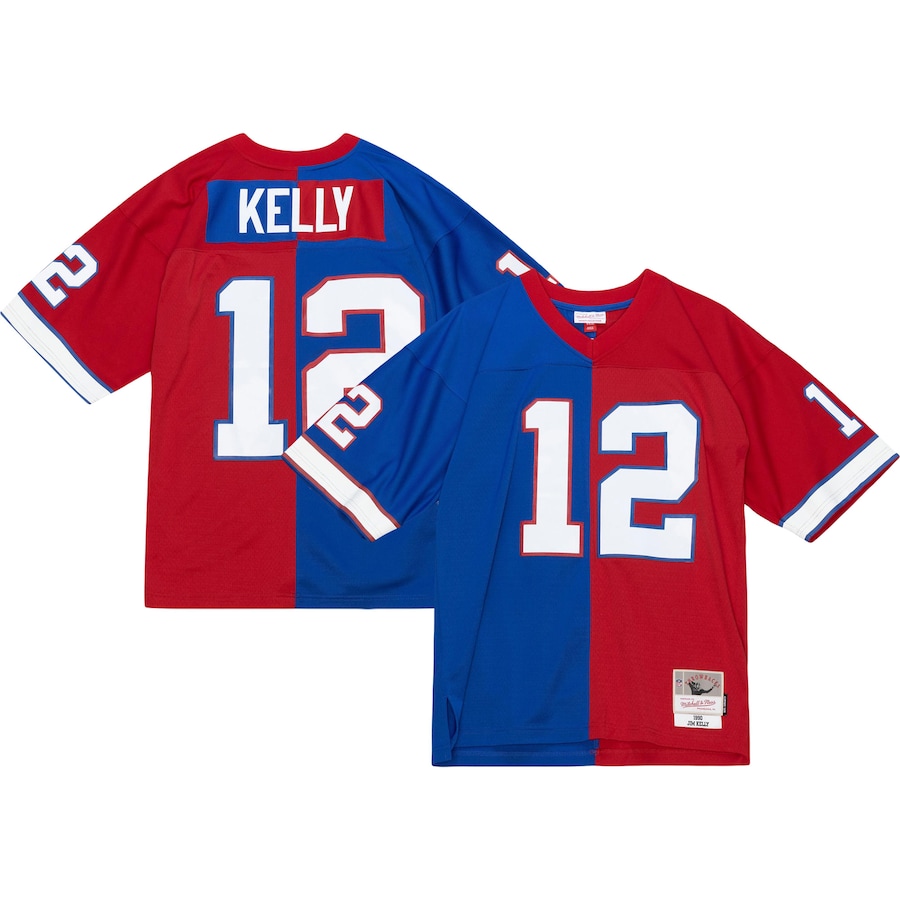 Men’s Buffalo Bills Jim Kelly Mitchell & Ness Royal/Red 1990 Split Legacy Replica Jersey