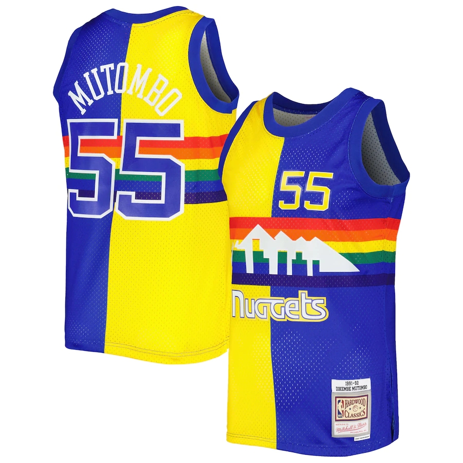 Men's Denver Nuggets Dikembe Mutombo Mitchell & Ness RoyalGold Hardwood Classics 1991-92 Split Swingman Jersey