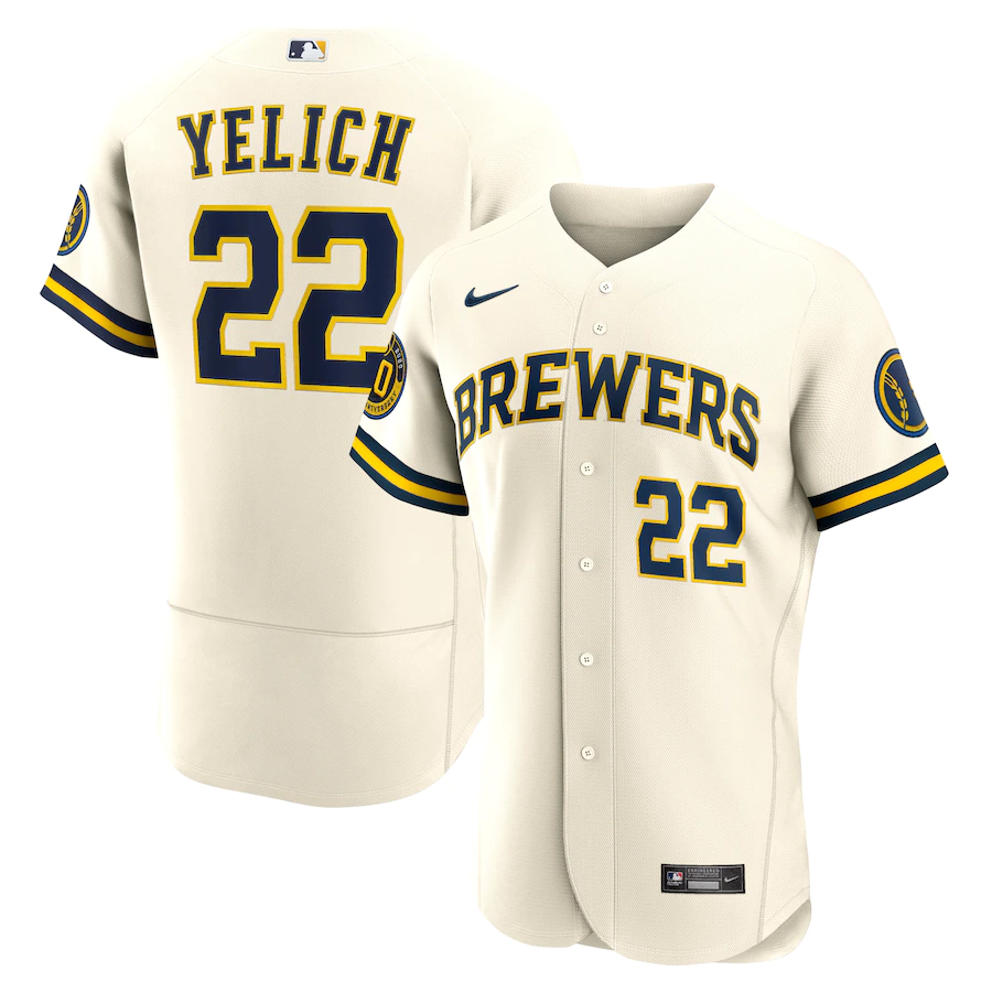 Men's Milwaukee Brewers 22 Christian Yelich Cream 50th Season Home Player Jersey