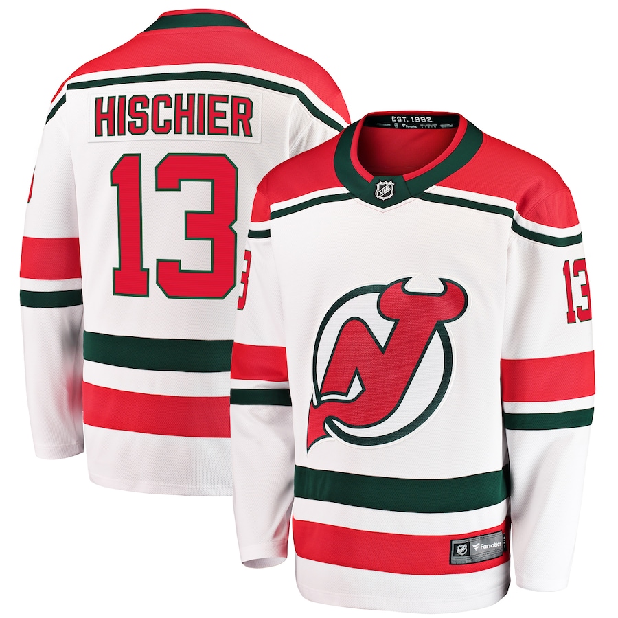 Men's New Jersey Devils 13 Nico Hischier White Alternate Breakaway Player Jersey