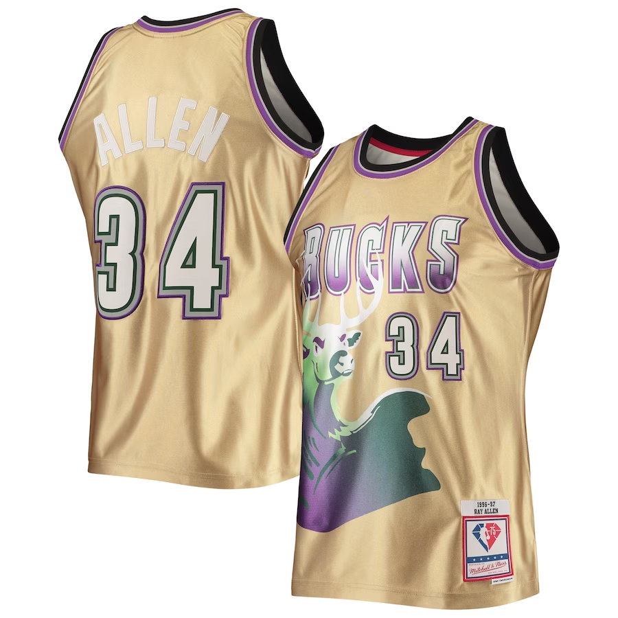 Men's Milwaukee Bucks Ray Allen Gold 75th Anniversary 1996/97 Hardwood Classics Swingman Jersey